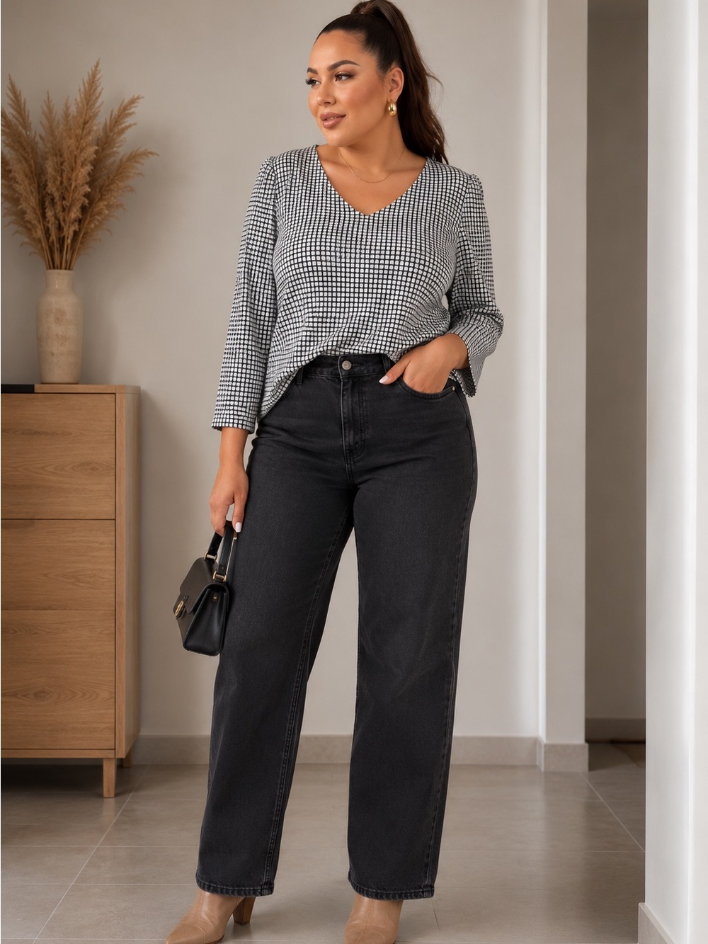 Adrianna Papell Black and White Grid V-Neck Blouse 3/4 sleeves